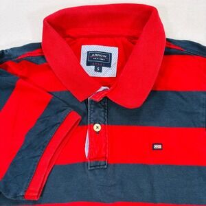 Arrow Sport Mens Small Red Navy Blue Striped Short Sleeve Polo Shirt